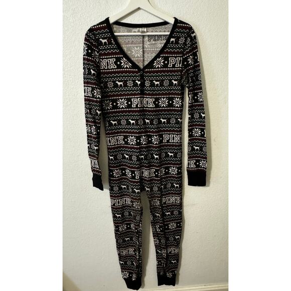 PINK Women's One Piece Long John Style Pajama Winter Holiday Print Size L - Picture 1 of 7